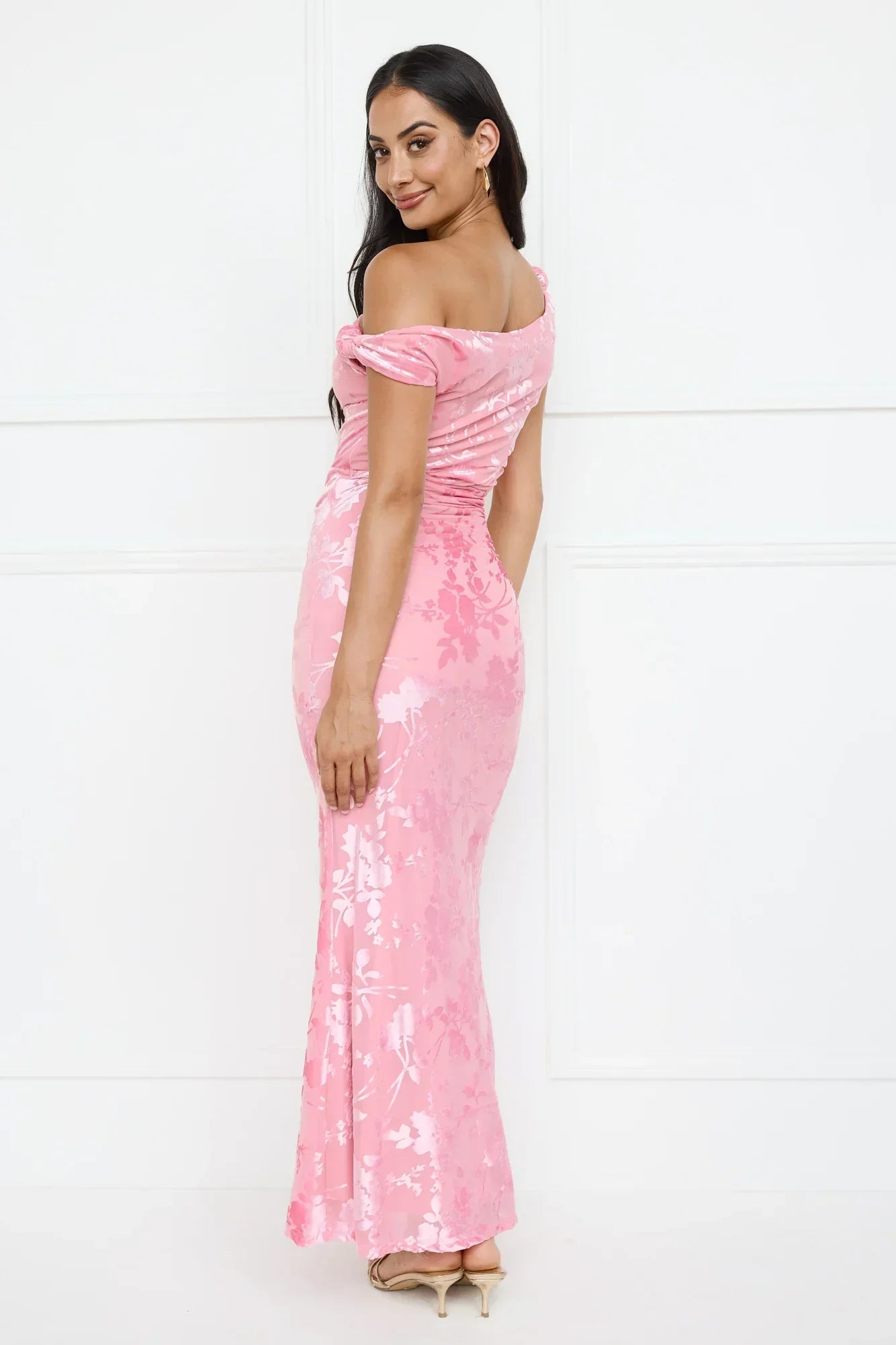 Sultry Poise Mesh Off Shoulder Maxi Dress Pink