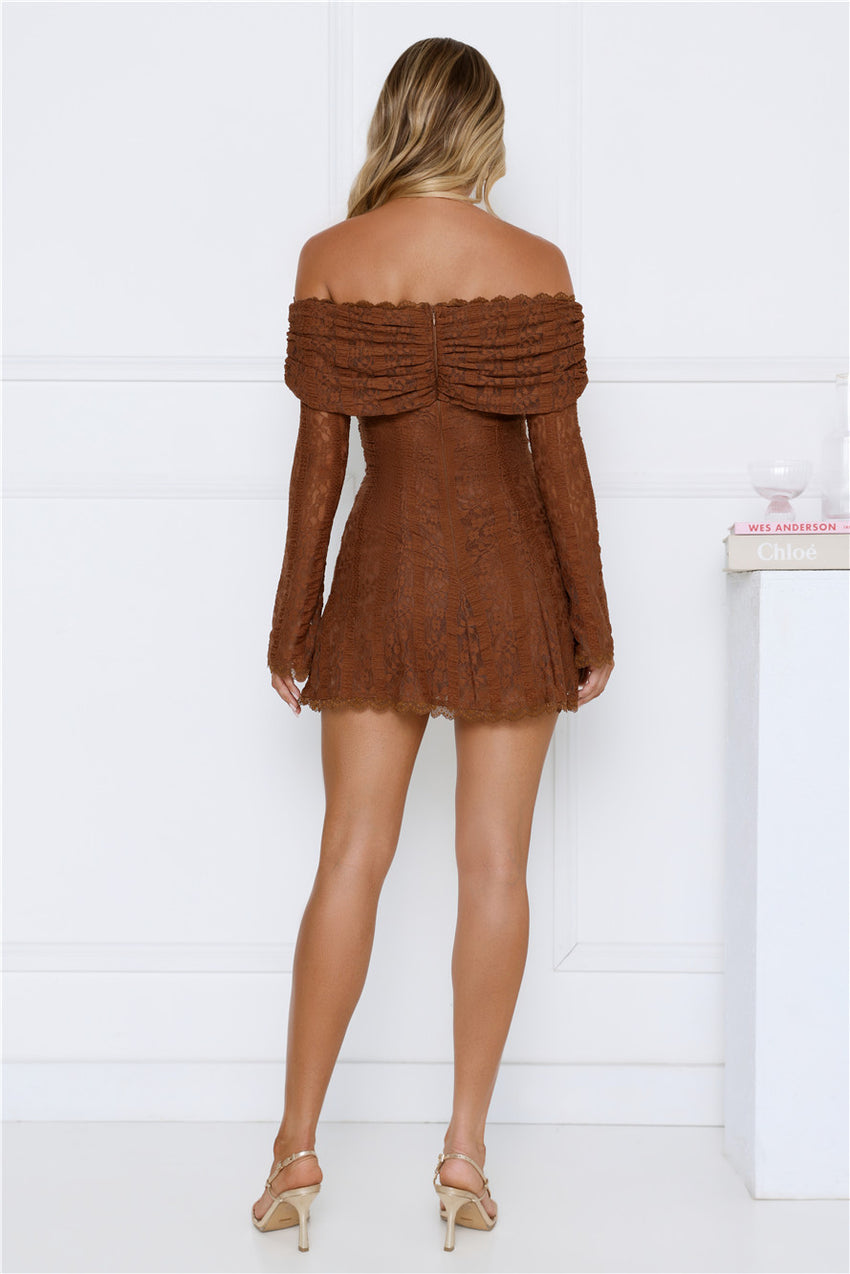 Secret Smile Lace Off Shoulder Mini Dress Brown