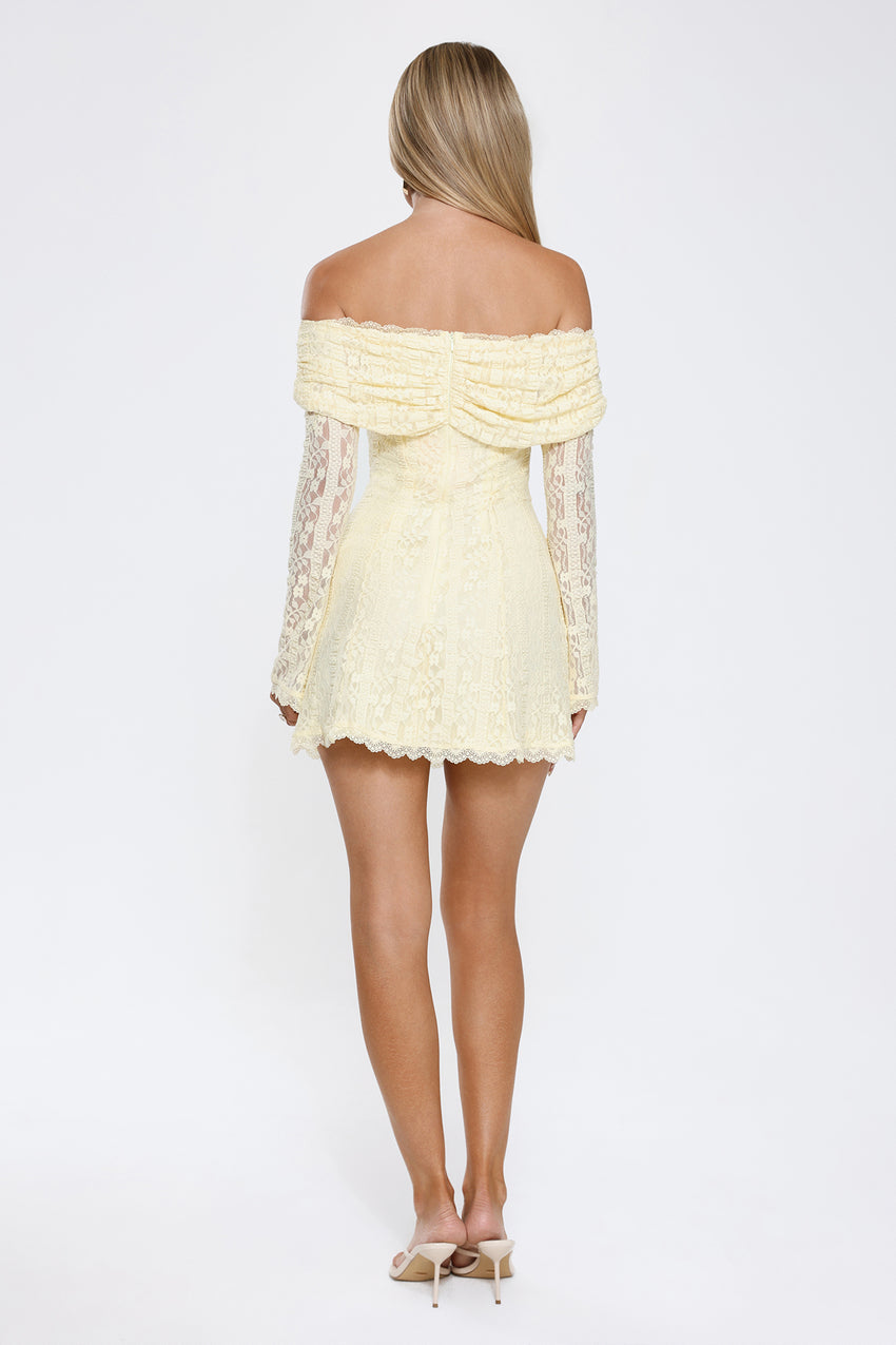 Secret Smile Lace Off Shoulder Mini Dress Yellow
