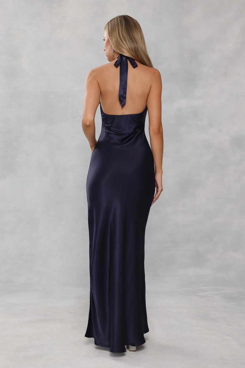 The Delilah Satin Halter Maxi Dress Navy