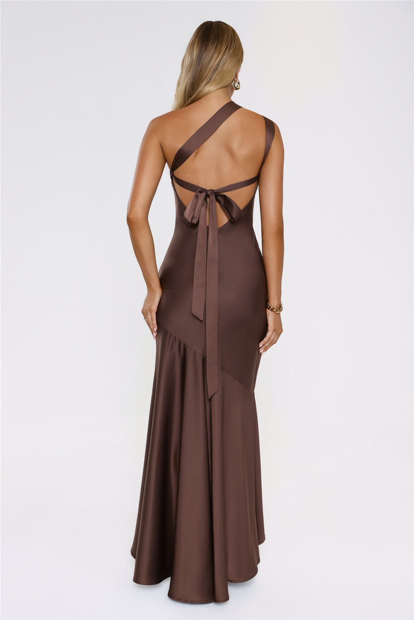 Romantic Affair Satin One Shoulder Maxi Dress Brown