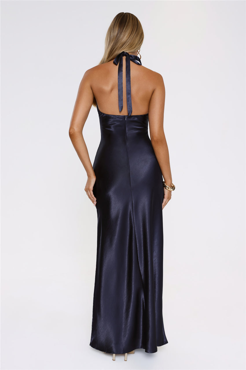 Sleek Halter Neck Cutout Satin Maxi Dress Navy