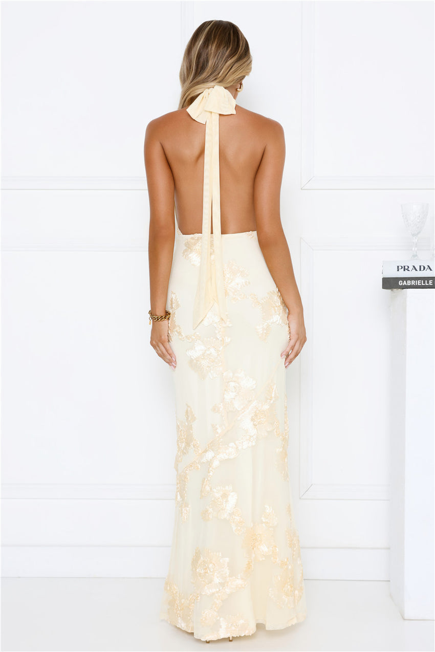 Daydream Kiss Halter Mesh Maxi Dress Yellow