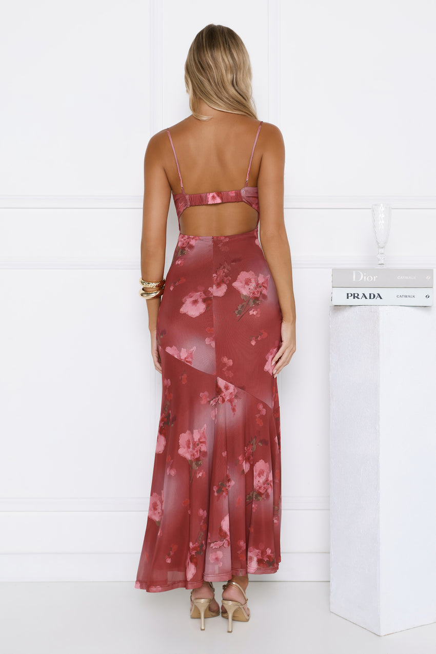 Rosé Horizon Mesh Maxi Dress Burgundy