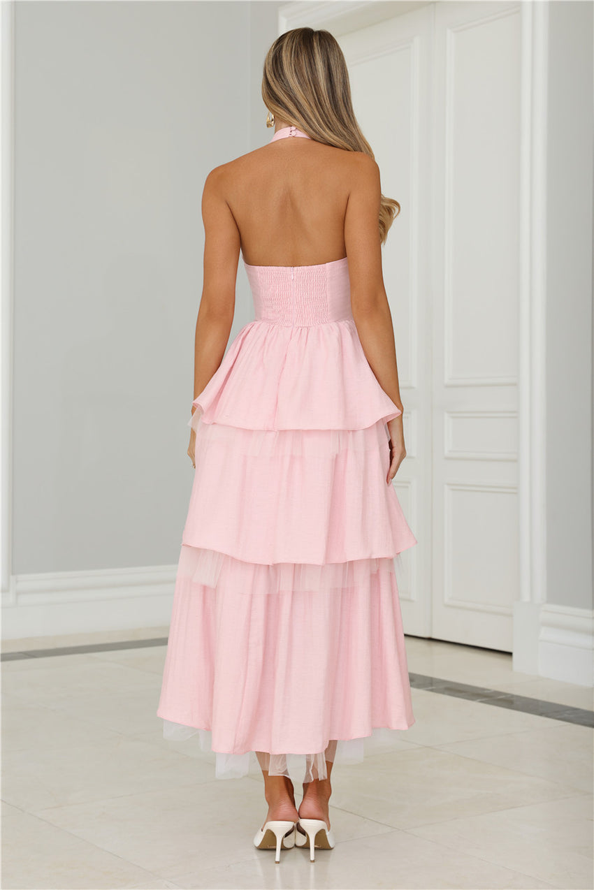 Twinkle Into Night Tulle Halter Maxi Dress Pink