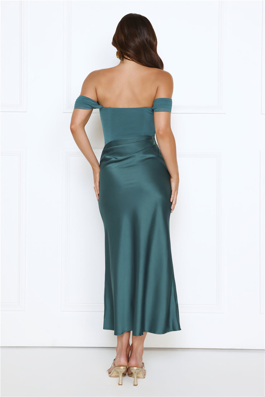 Out Tonight Edit Off Shoulder Mesh Satin Maxi Dress Teal