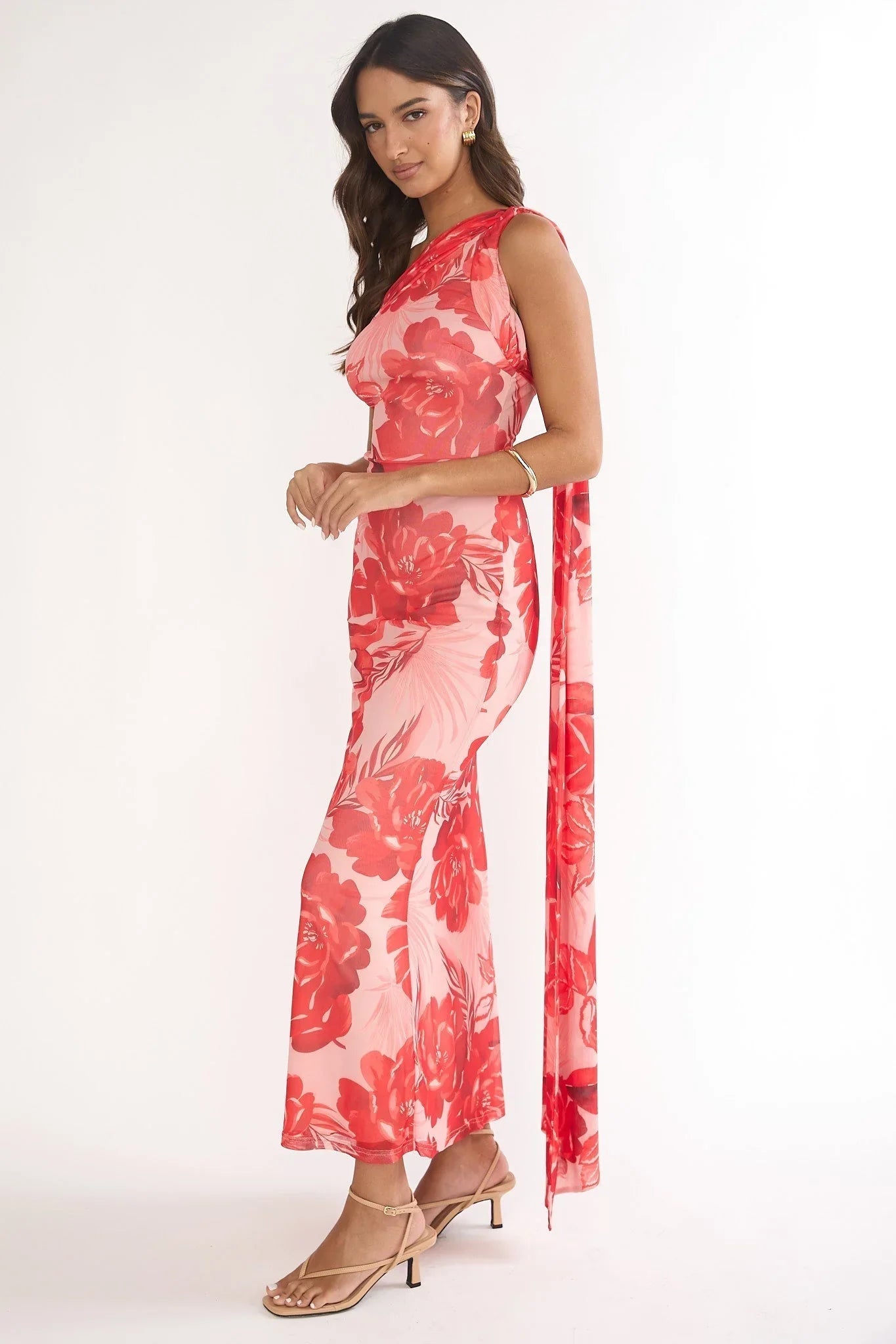 Ilyse Scarf One Shoulder Maxi Dress Floral Red