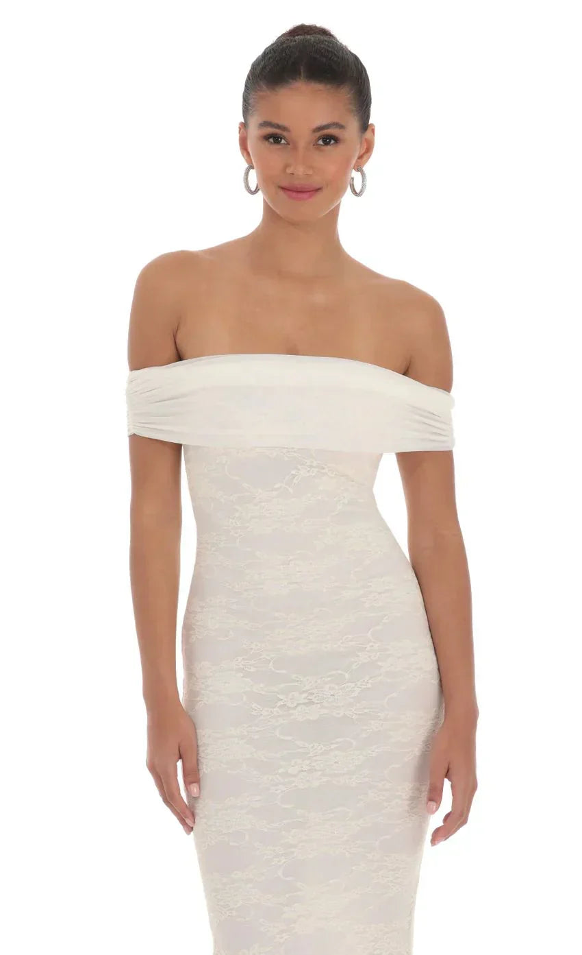 Off Shoulder Sheer Lace Maxi Dress in Cream