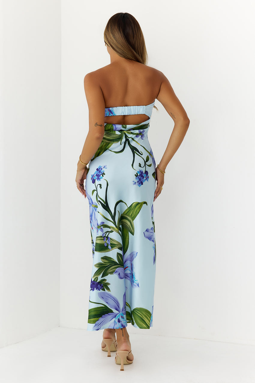 Tropical Escape Strapless Satin Maxi Dress Blue