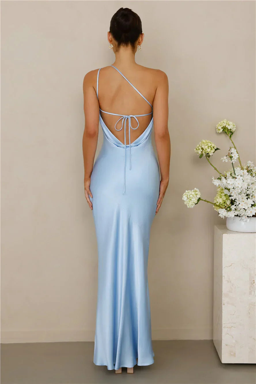 The Evangeline One Shoulder Satin Maxi Dress Blue