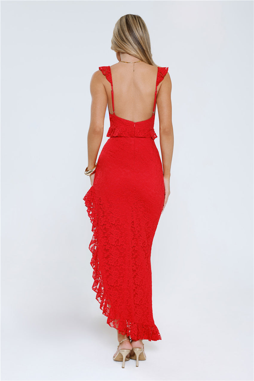 Enchanted By You Lace Midi Dress Red