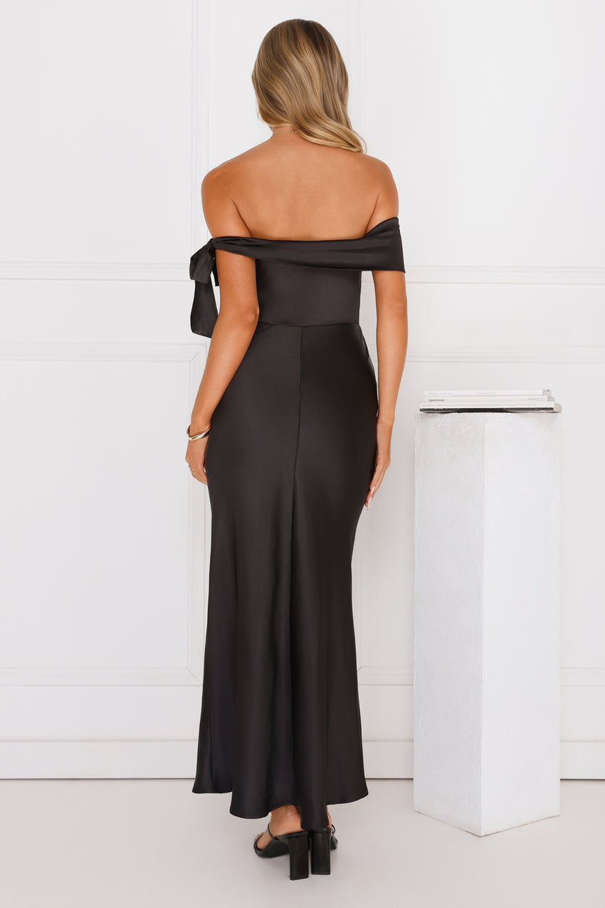 The Hype Off Shoulder Satin Midi Dress Black