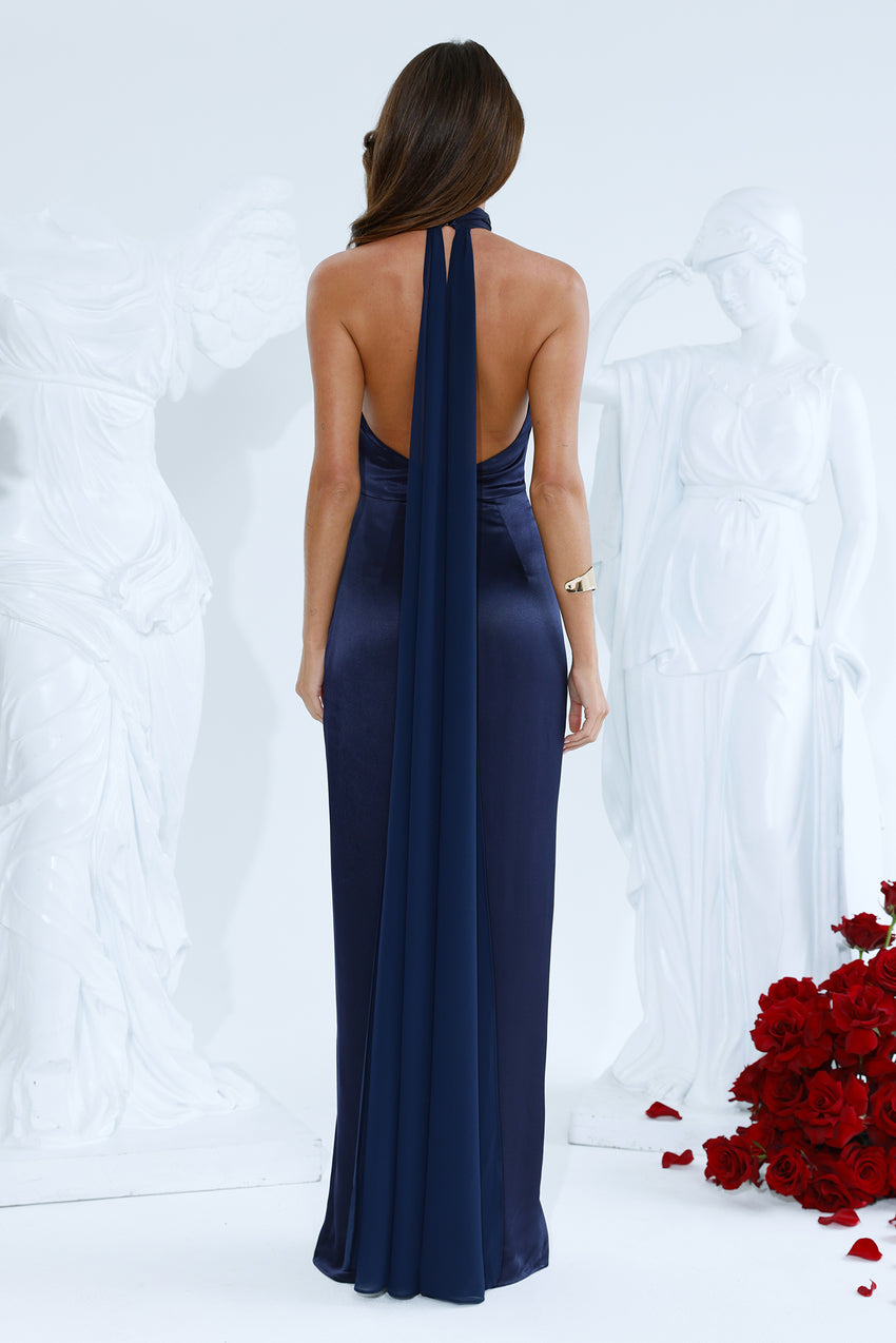 Effortless Luxe Halter Satin Maxi Dress Navy
