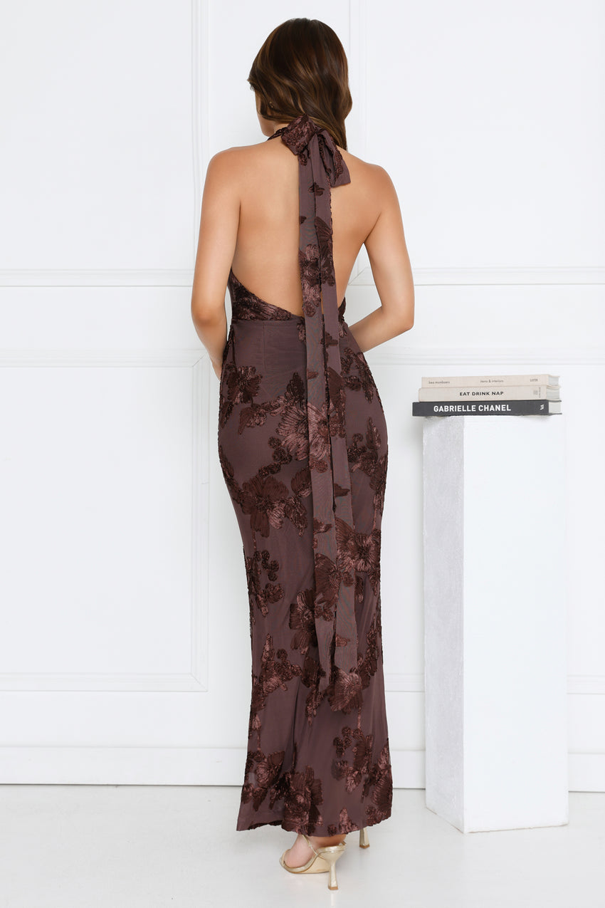 Lime Light Mesh Halter Maxi Dress Brown