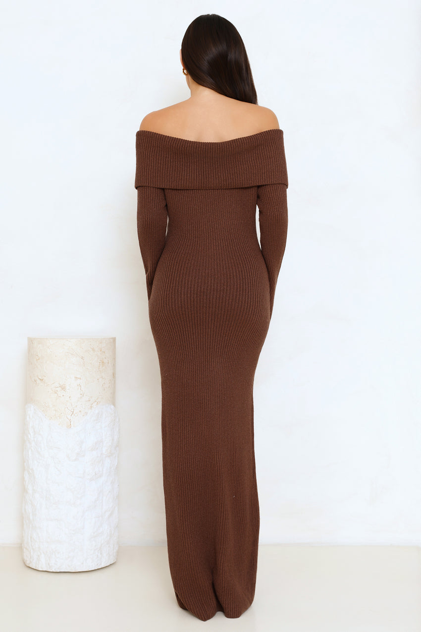 Simple Silhouettes Knit Off Shoulder Maxi Dress Brown