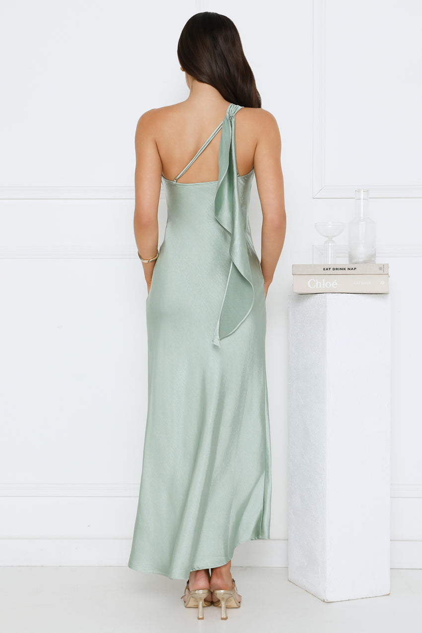 Romantic Tales Satin One Shoulder Maxi Dress Sage