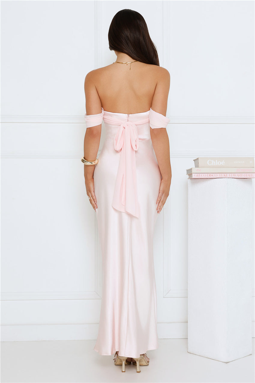 Hot Girl Diaries Off Shoulder Satin Maxi Dress Pink