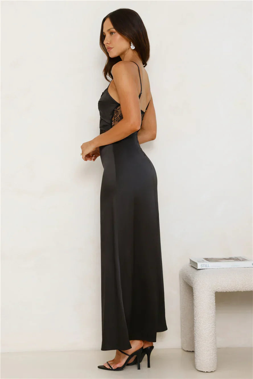 Trend Queen Satin Lace Maxi Dress Black