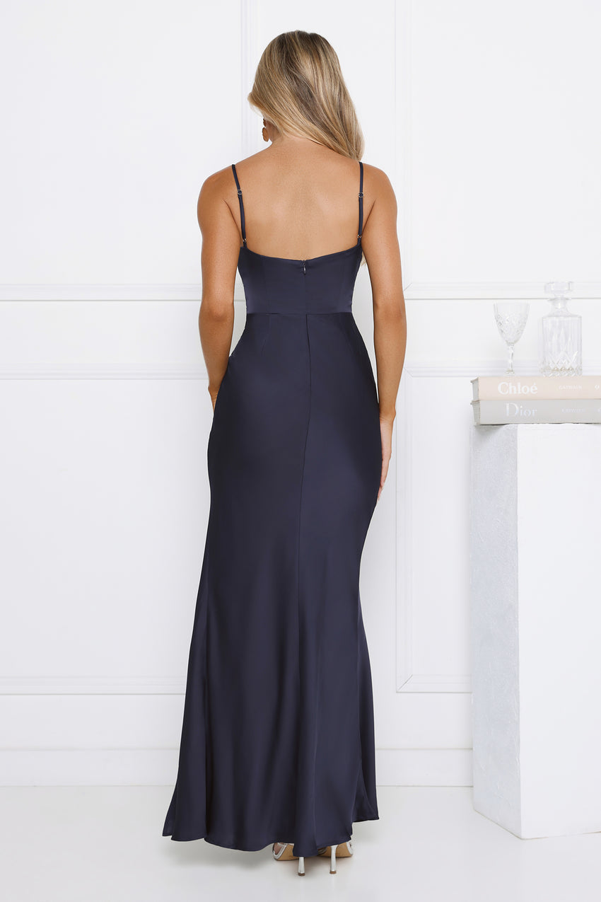 Radiant Rendezvous Satin Maxi Dress Navy