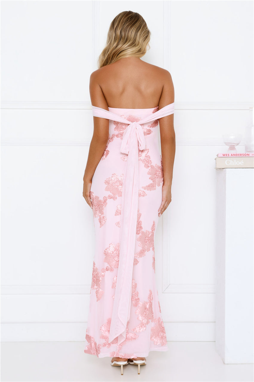 Lush Bloom Embroidered Off Shoulder Maxi Dress Pink