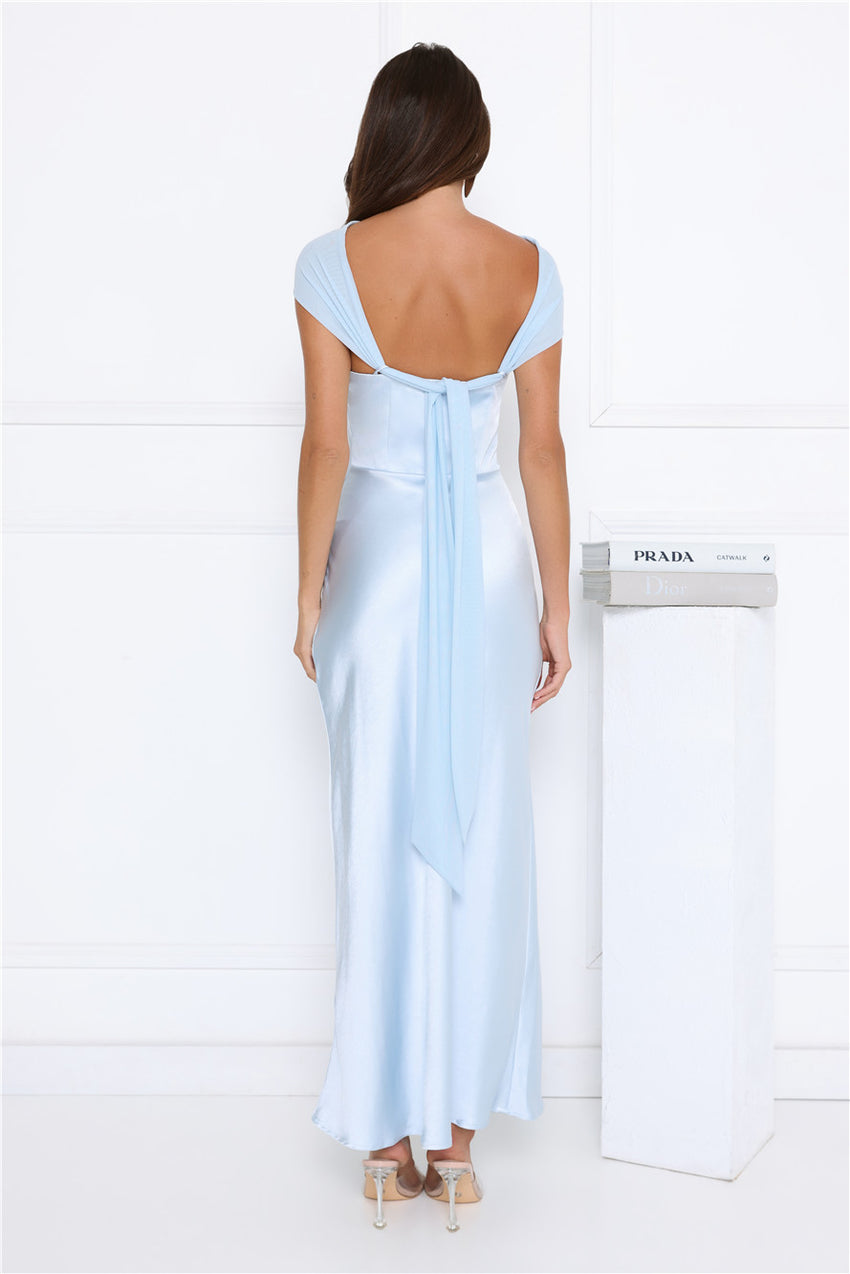 Starry Enchant Satin Strapless Maxi Dress Blue