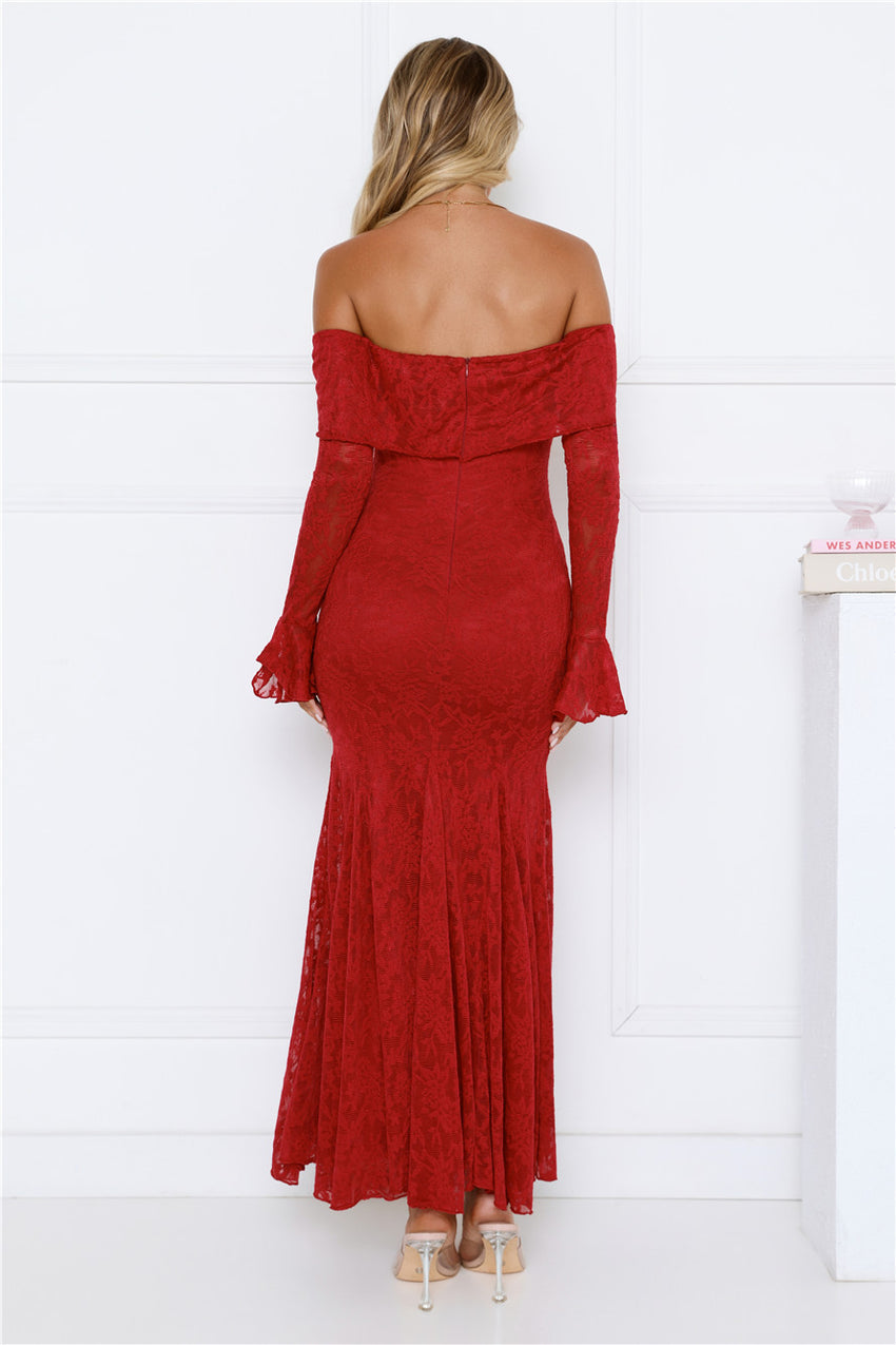 Supreme Off Shoulder Mesh Maxi Dress Red