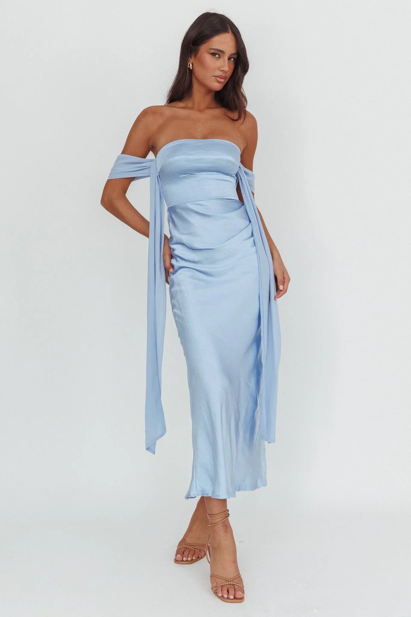 Odayah Draped Sleeve Midi Dress Blue