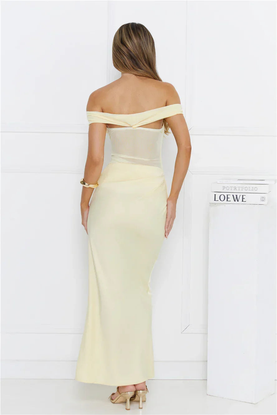 Silent Dreams Mesh Satin Off Shoulder Maxi Dress Yellow