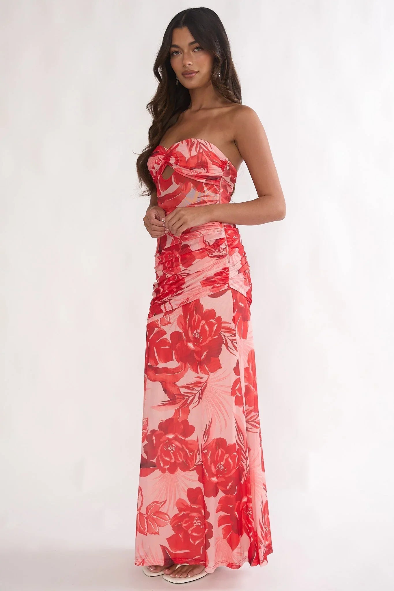 Kallira Ruched Maxi Dress Floral Red