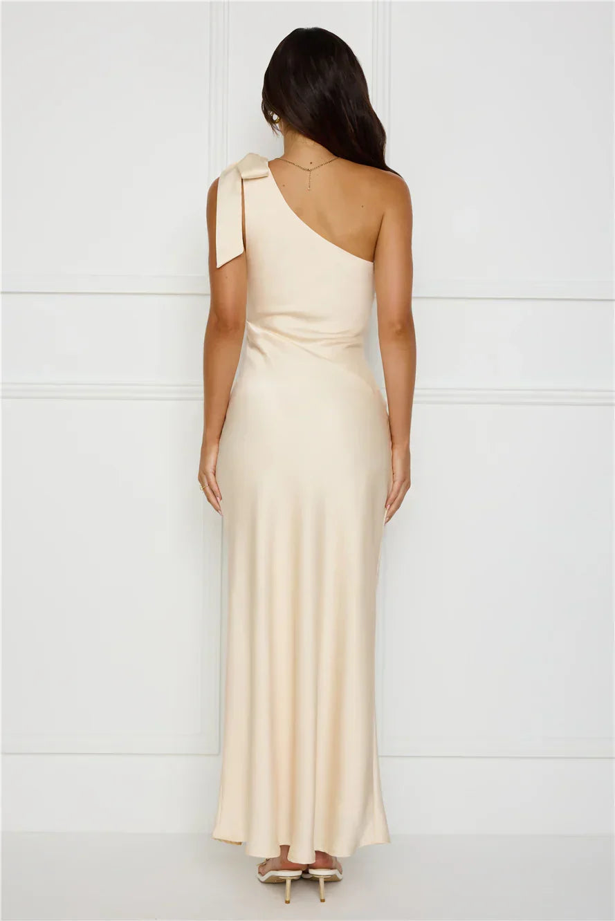 Night Of Distinction One Shoulder Satin Maxi Dress Champagne