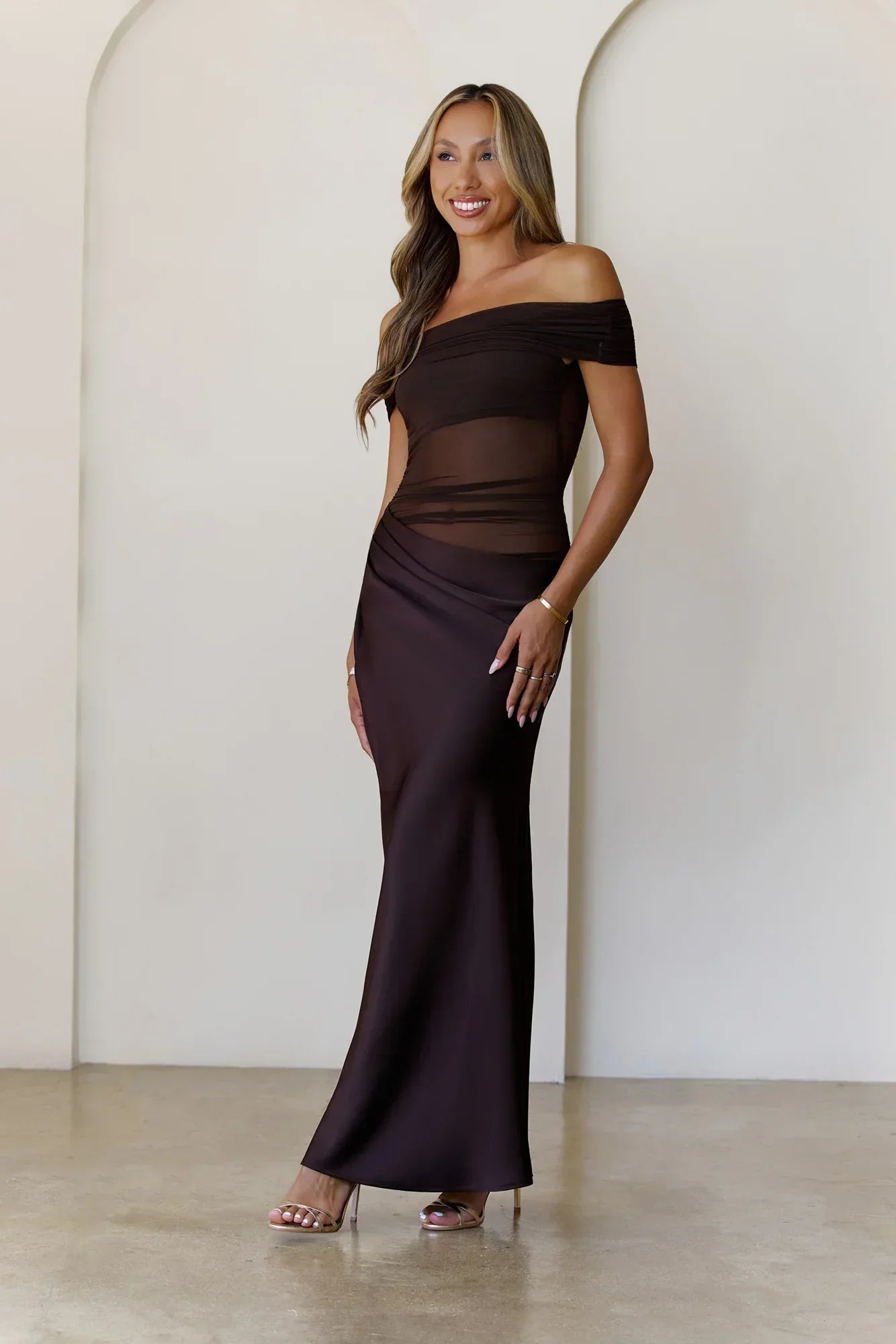Veiled Whispers Off Shoulder Maxi Dress Brown