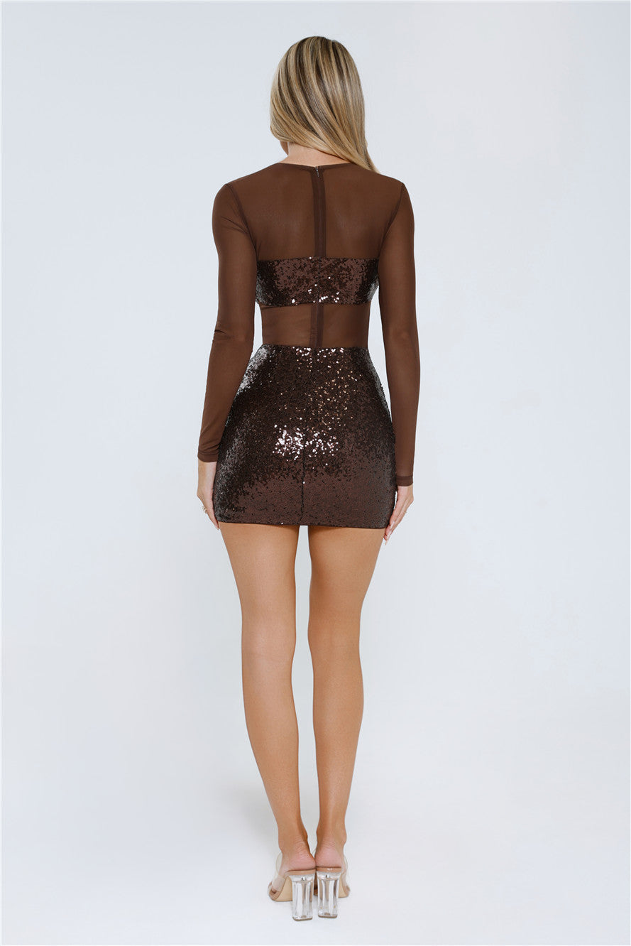 Red Lip Theory Mesh Sequin Mini Dress Chocolate