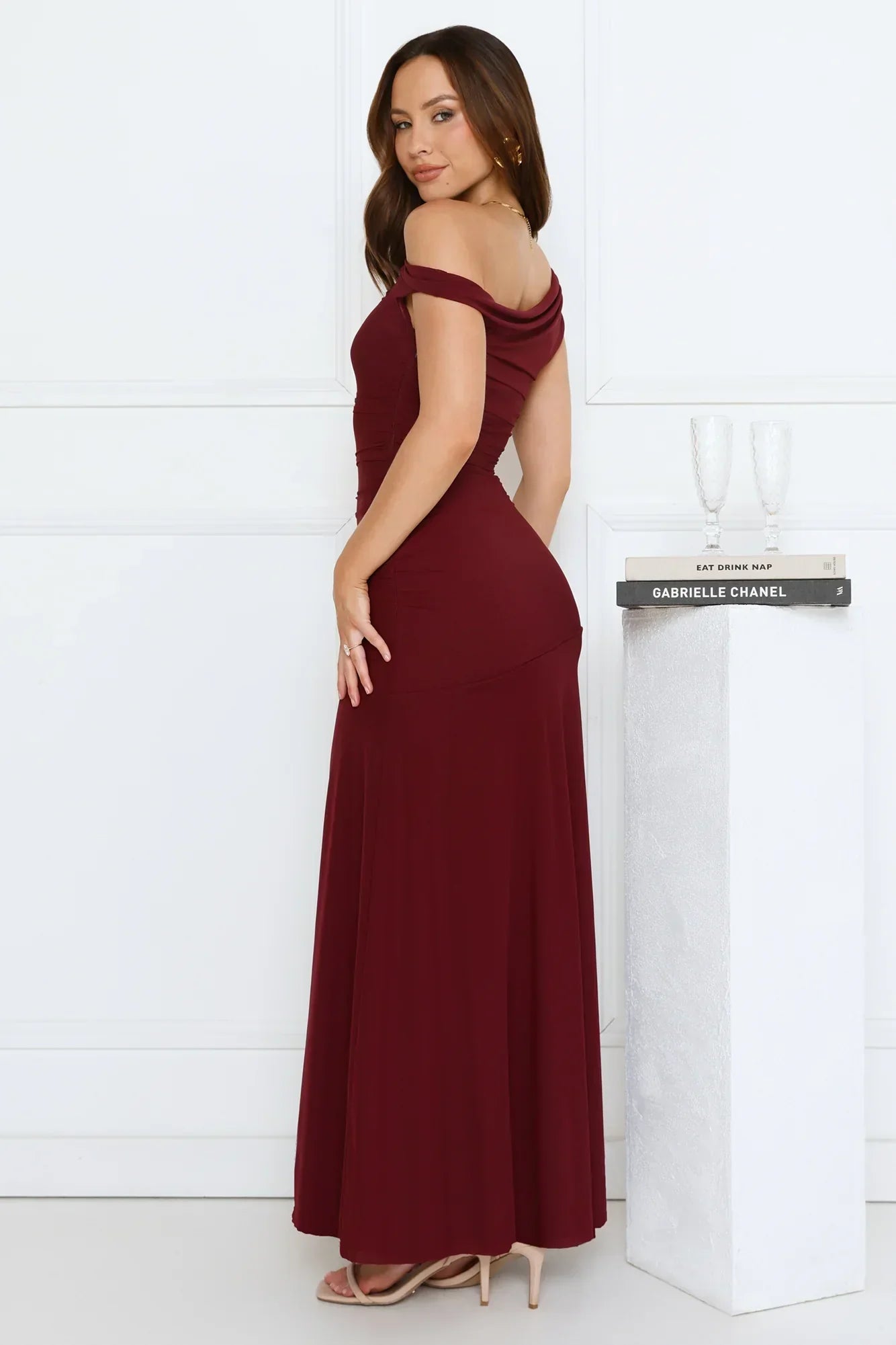 Dusk Noir Off Shoulder Maxi Dress Wine