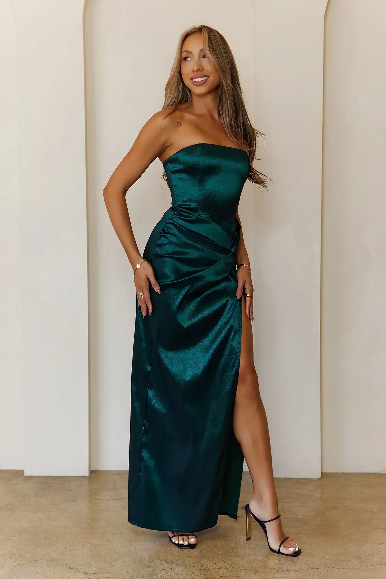 Soulmate Magic Strapless Satin Maxi Dress Green