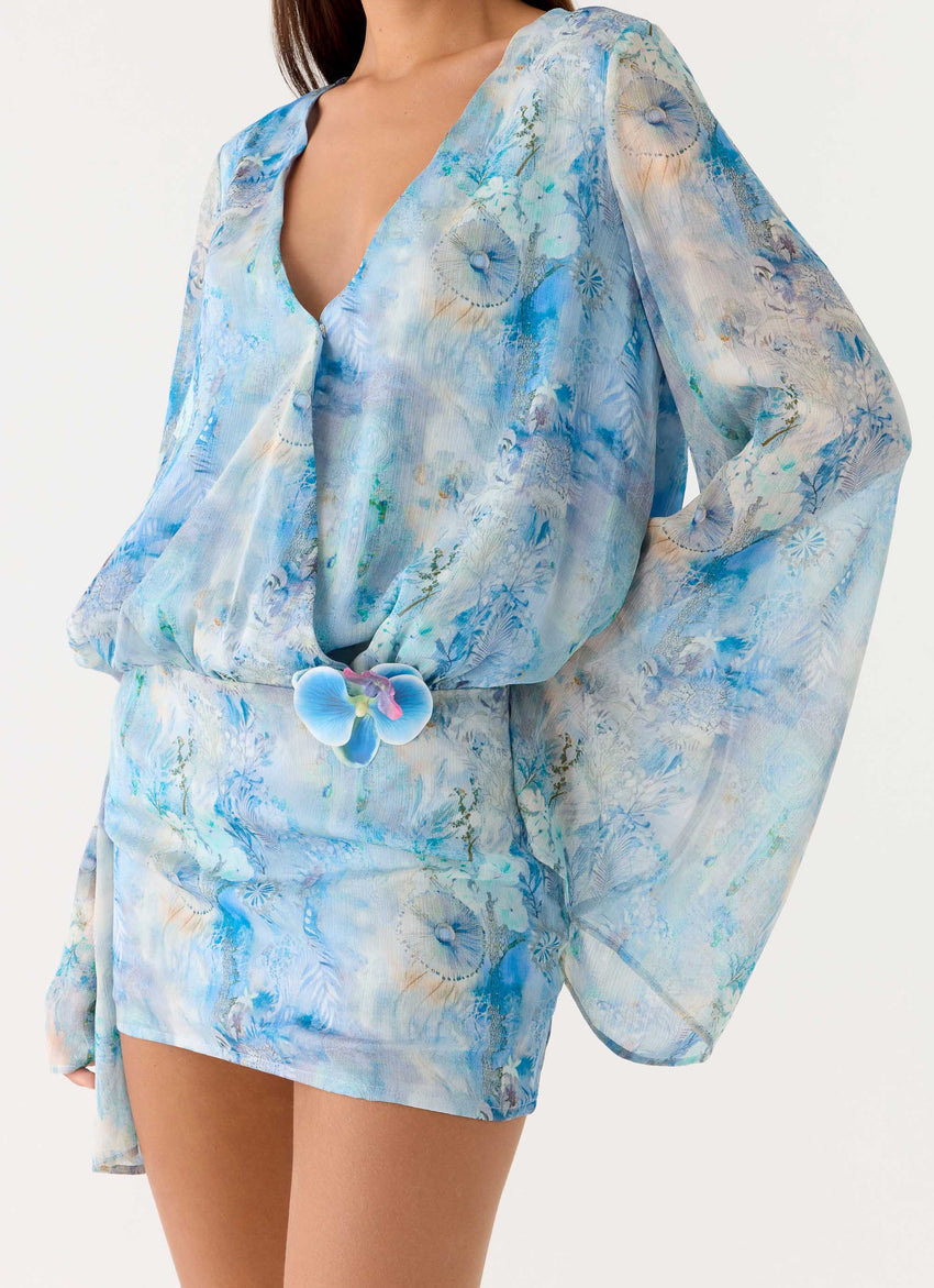 Vanish Into You Mini Dress - Aqua Paisley