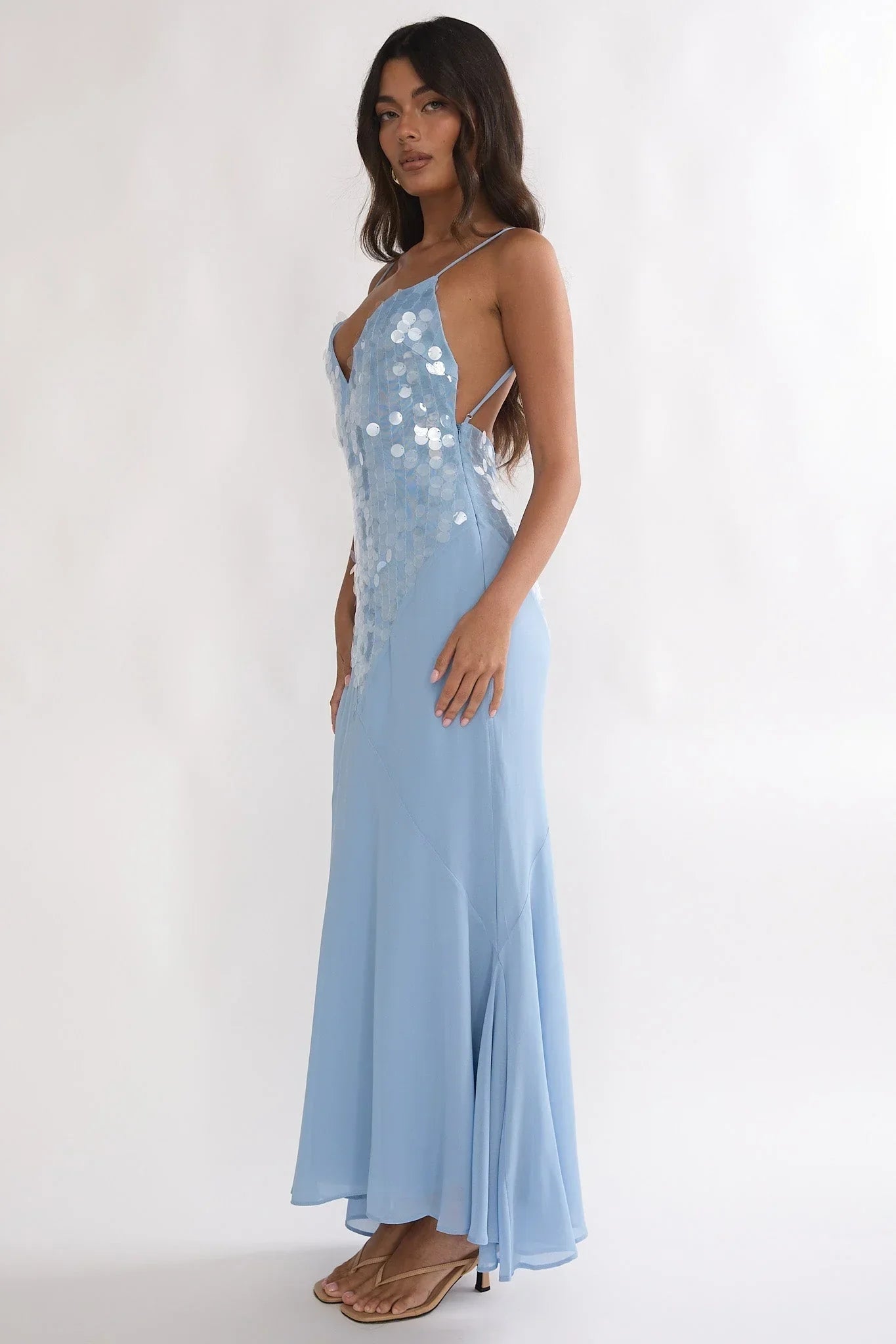 Meranda V Neck Maxi Dress Sequin Blue