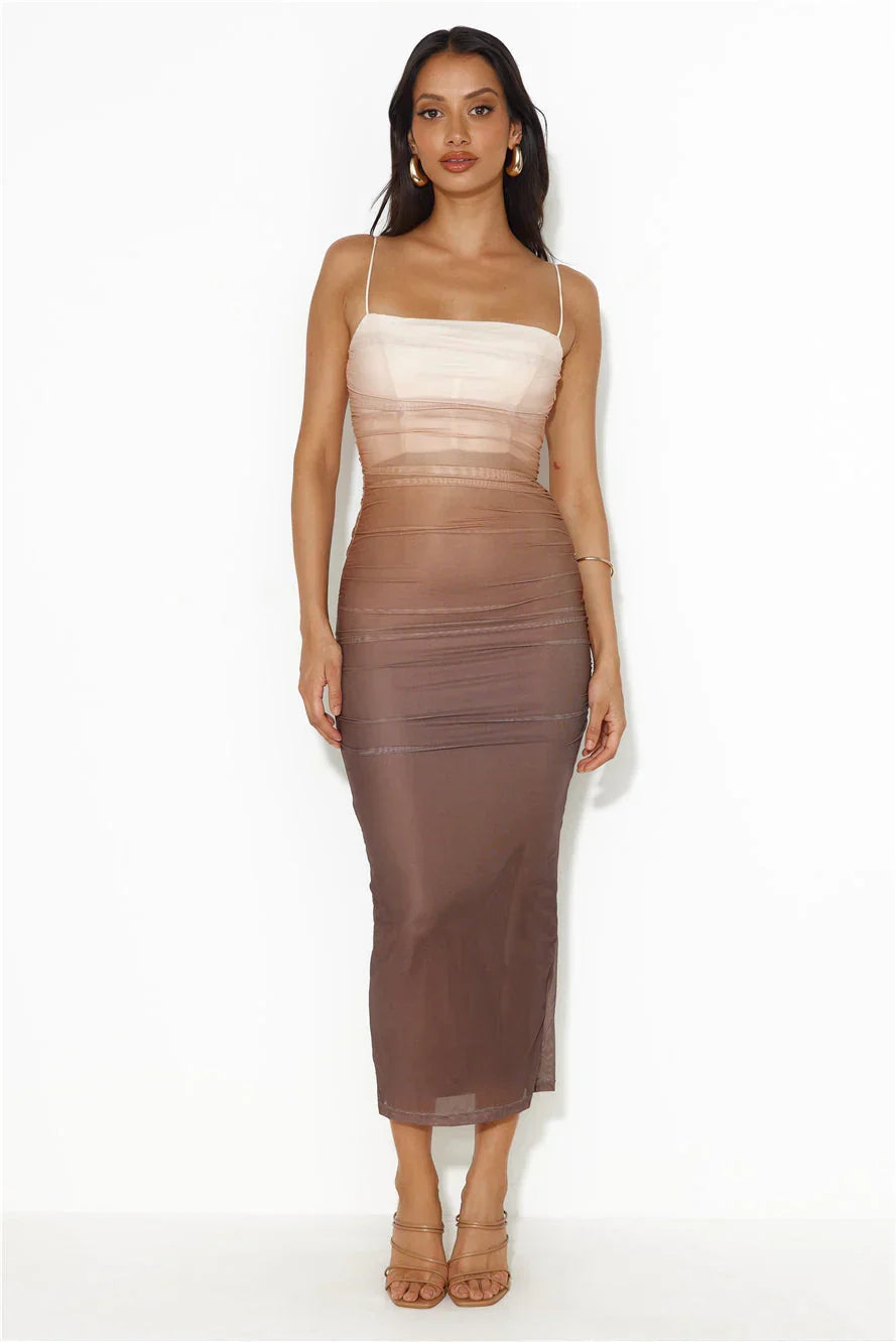 Ombra Mesh Midi Dress Brown