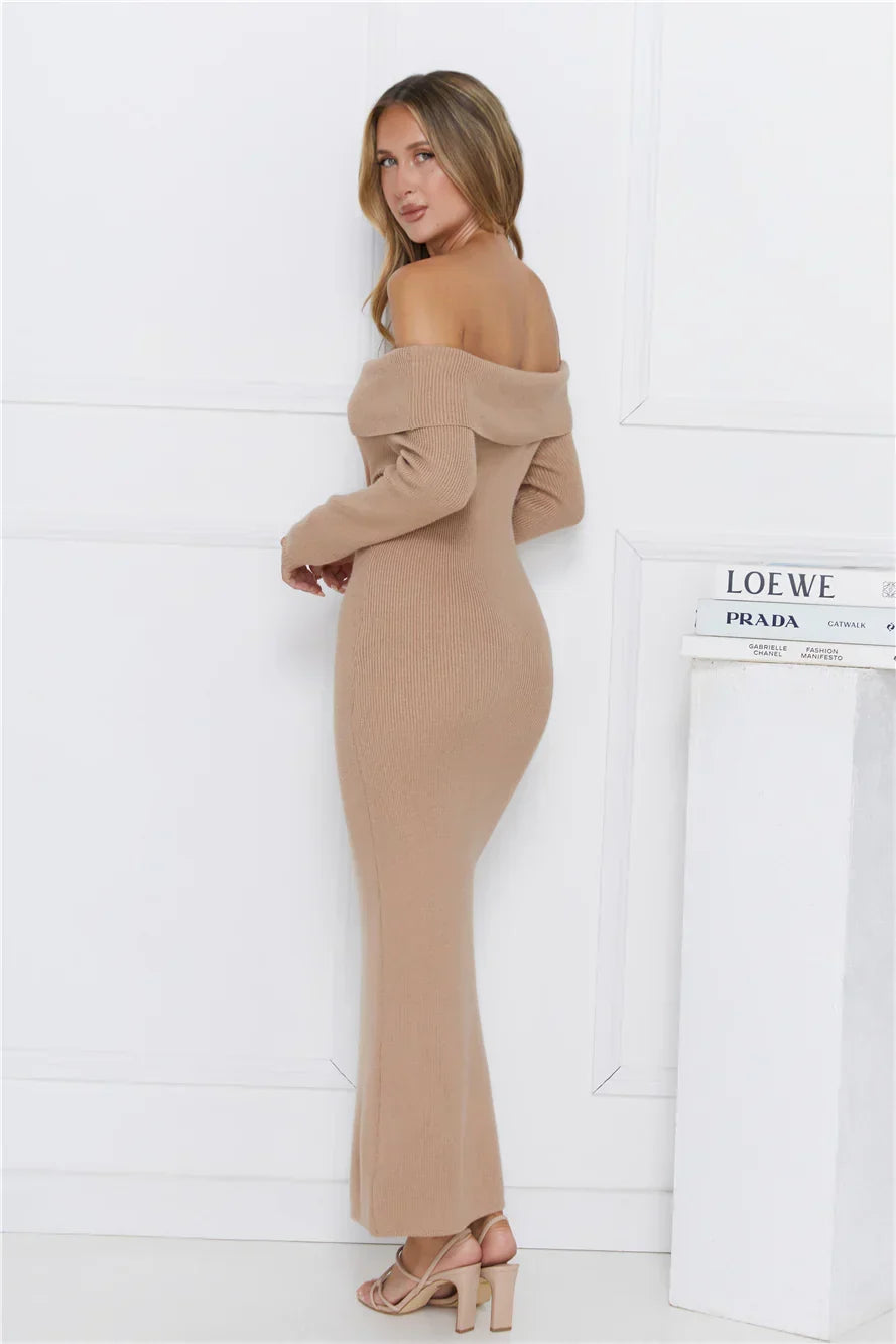 Snow Falling Off Shoulder Long Sleeve Knit Maxi Dress Mocha