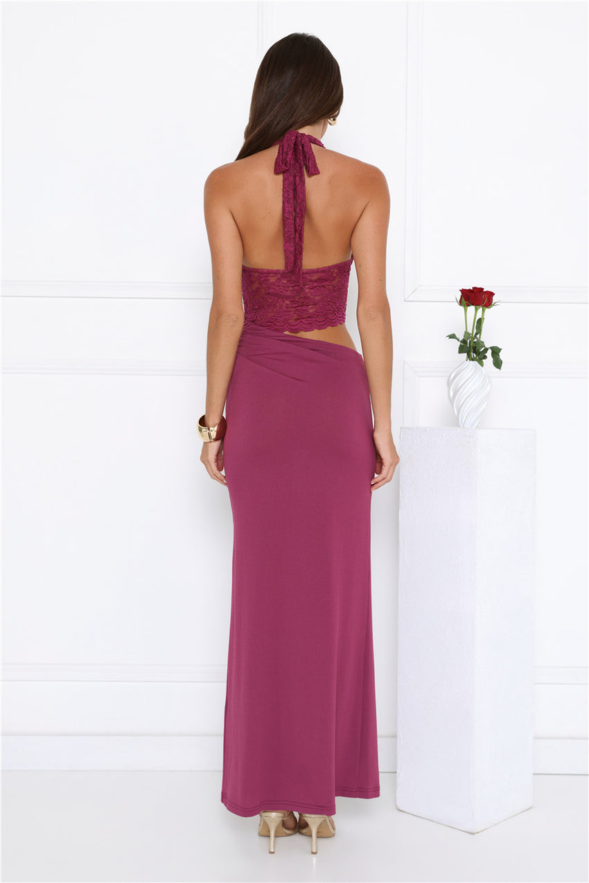 Sway In Moonbeams Halter Lace Maxi Dress Plum