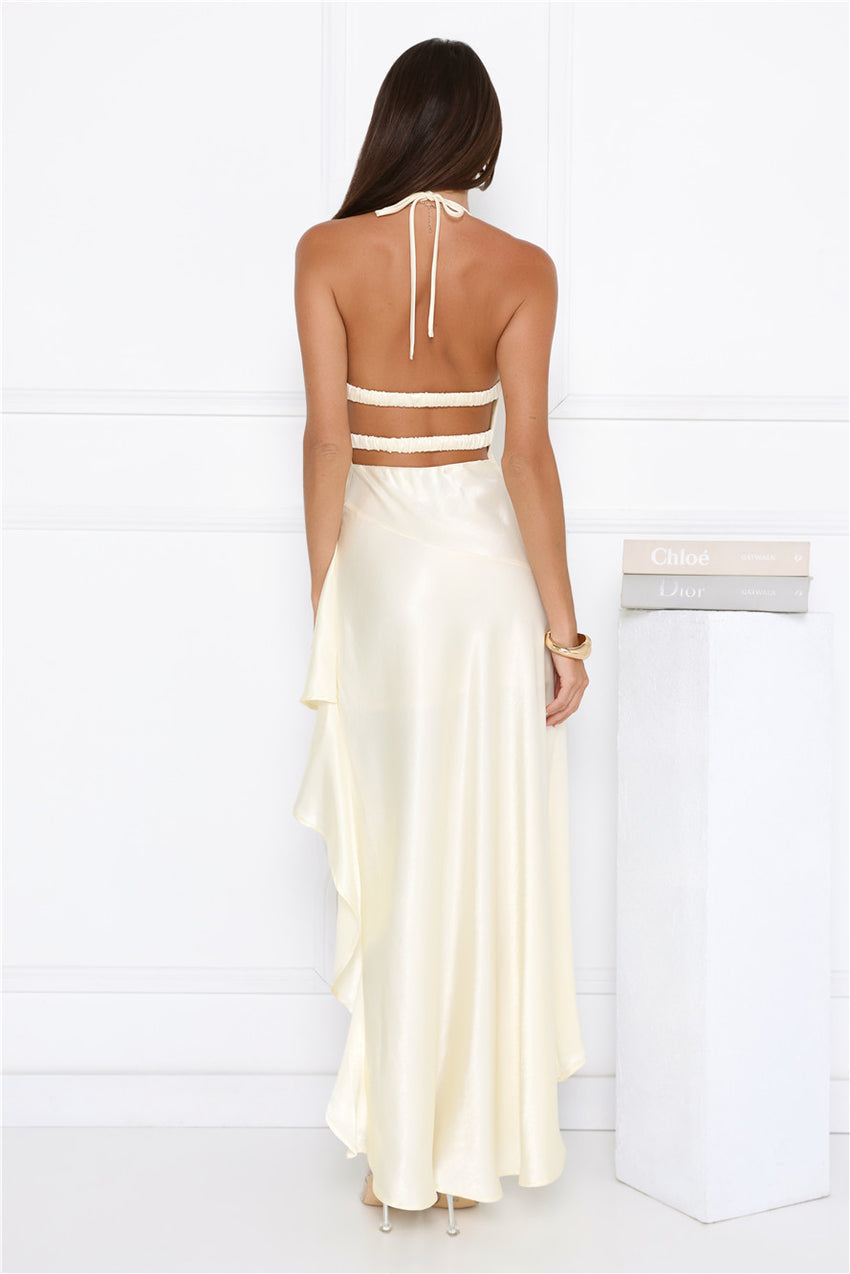 Shimmer Shake Halter Satin Maxi Dress Yellow