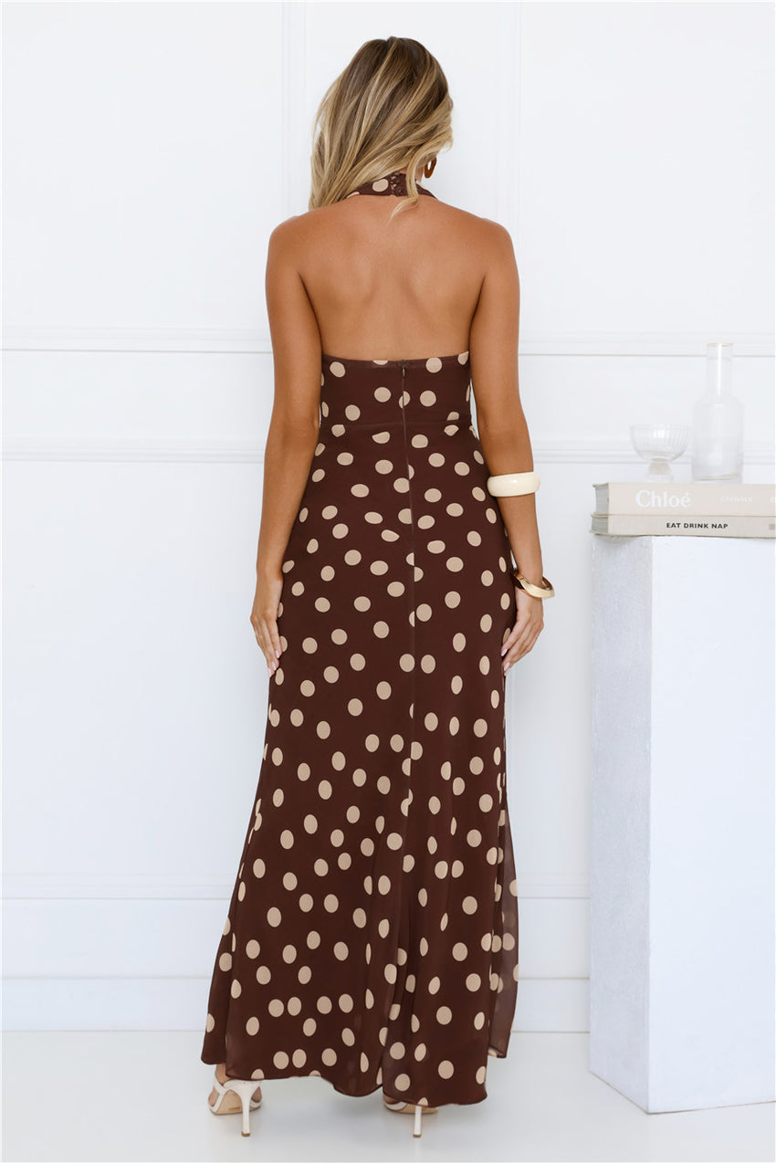 Nova Nights Halter Polka Dot Maxi Dress Brown