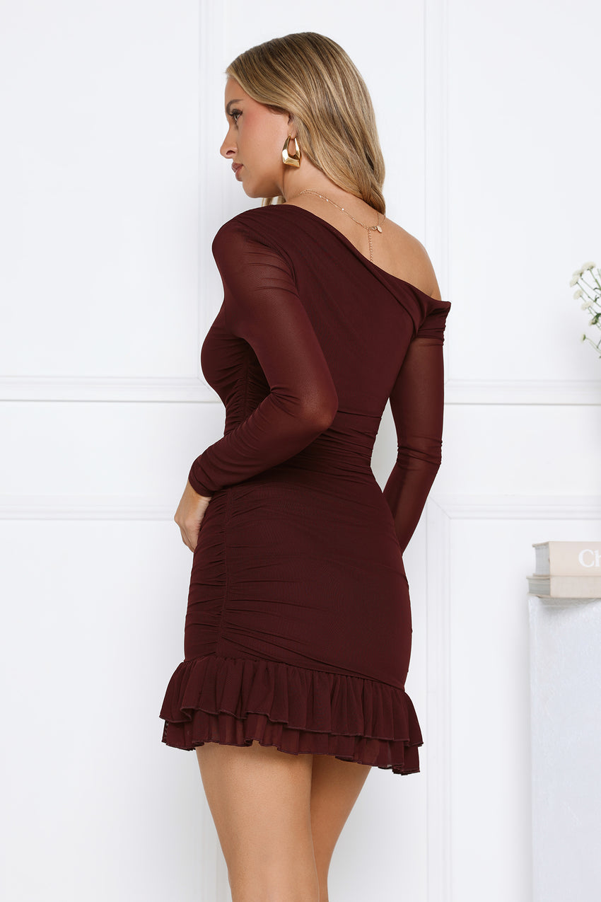 Serve The Look Mesh Long Sleeve Mini Dress Chocolate