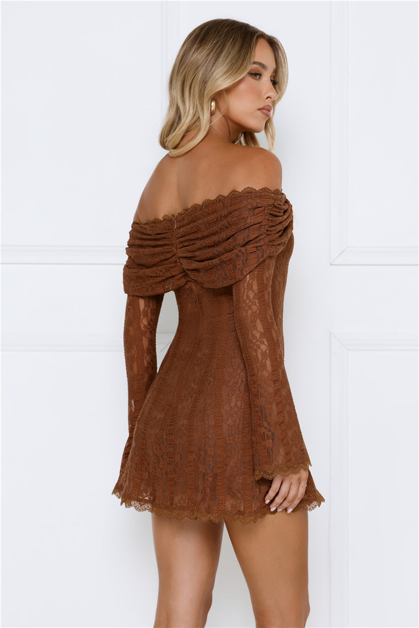 Secret Smile Lace Off Shoulder Mini Dress Brown