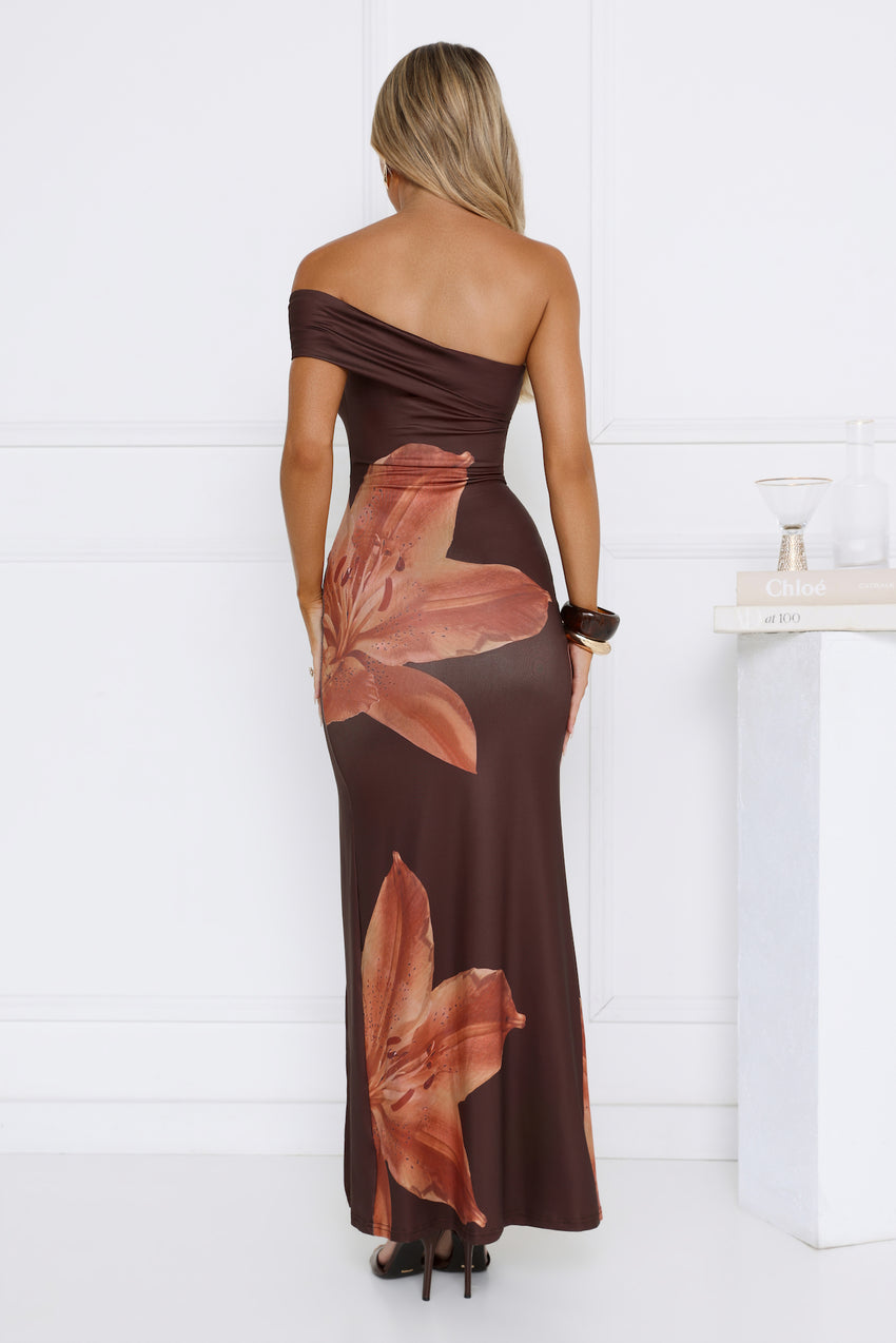 Lilac Lullaby One Shoulder Maxi Dress Brown