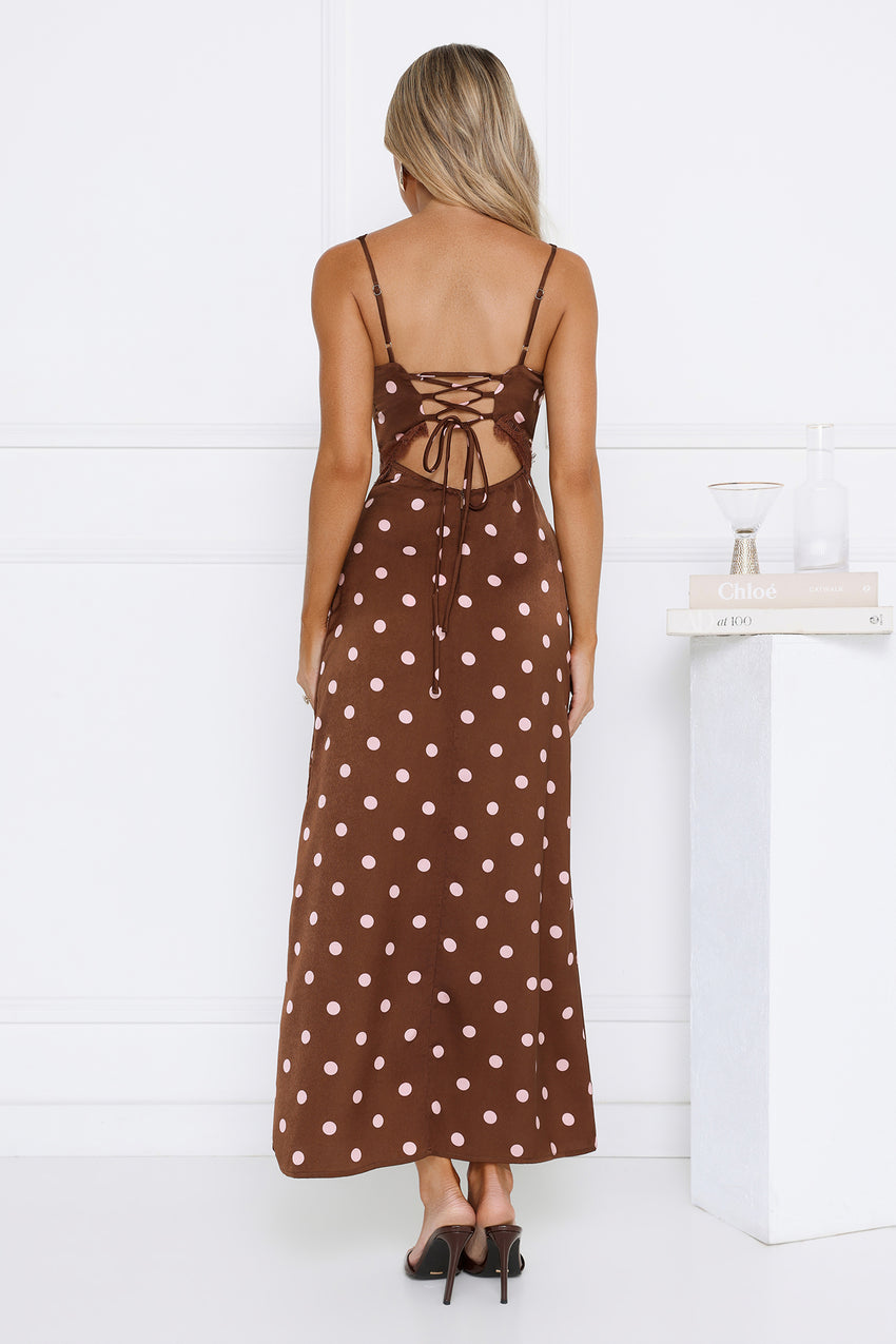 Staple Trend Polka Dot Satin Maxi Dress Brown