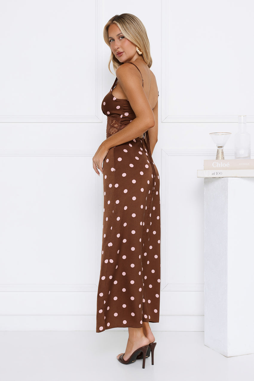 Staple Trend Polka Dot Satin Maxi Dress Brown