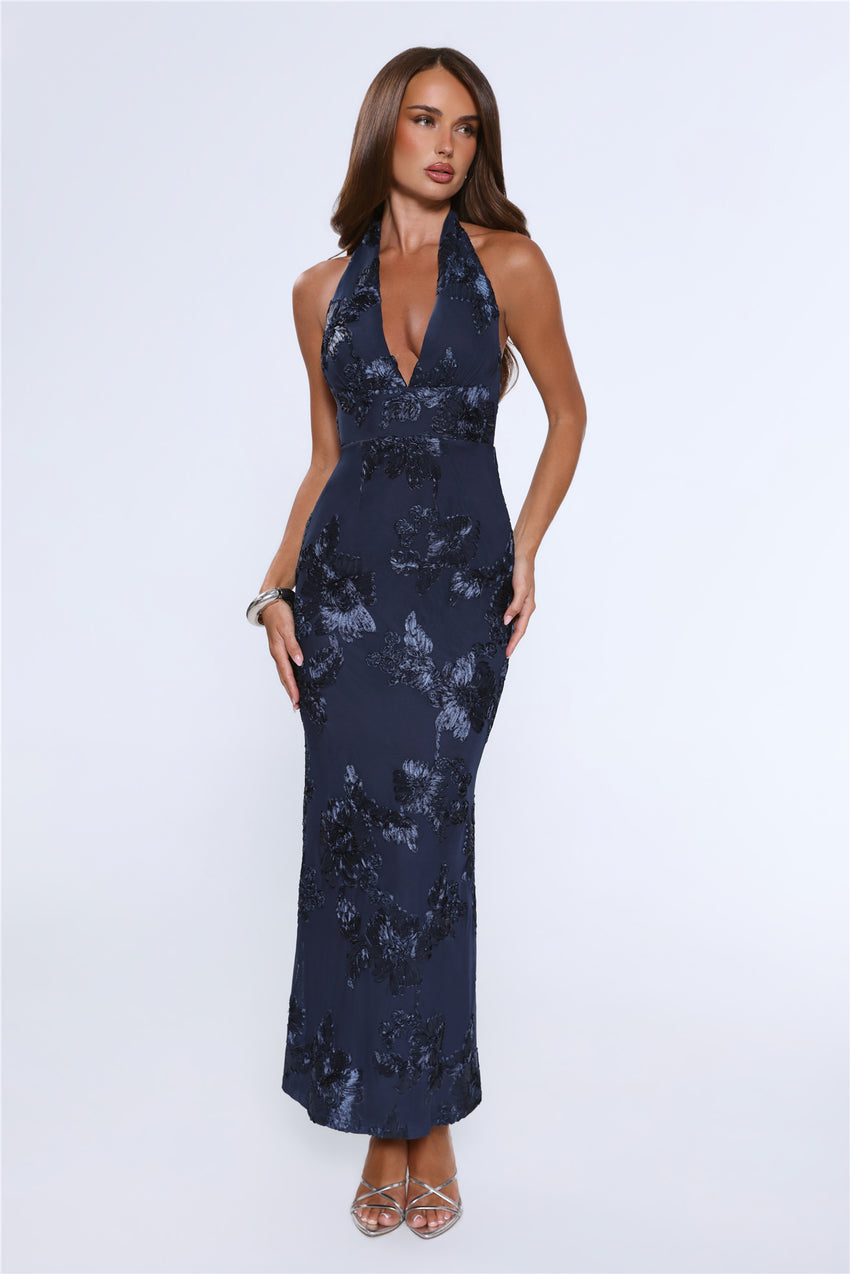 Lime Light Mesh Halter Maxi Dress Navy