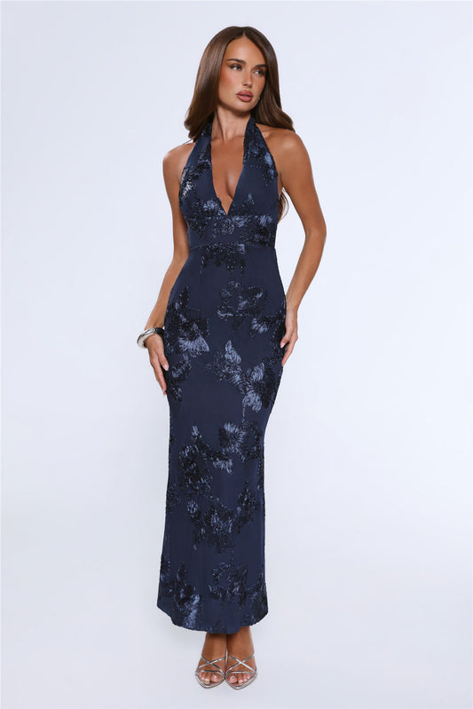 Lime Light Mesh Halter Maxi Dress Navy