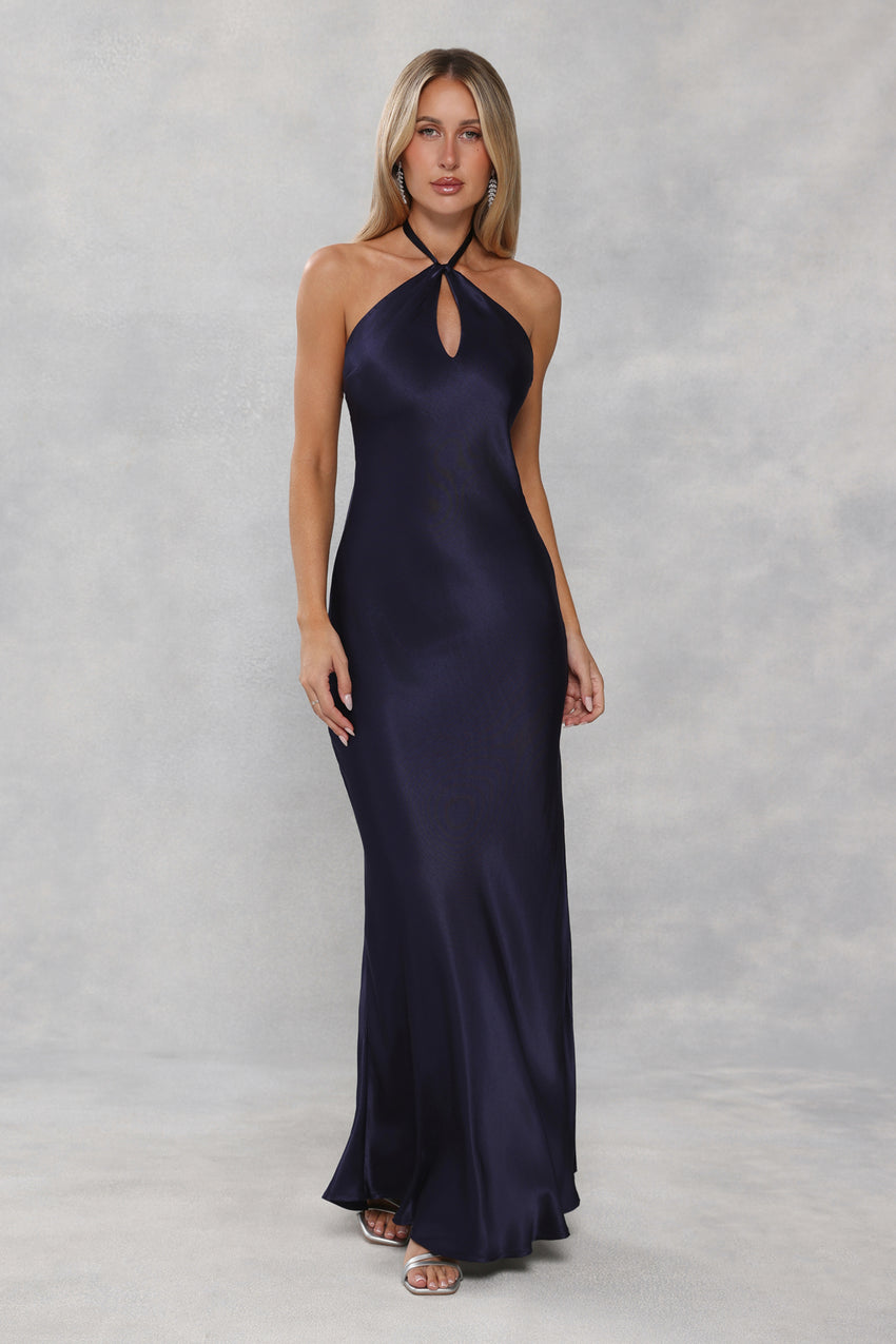 The Delilah Satin Halter Maxi Dress Navy