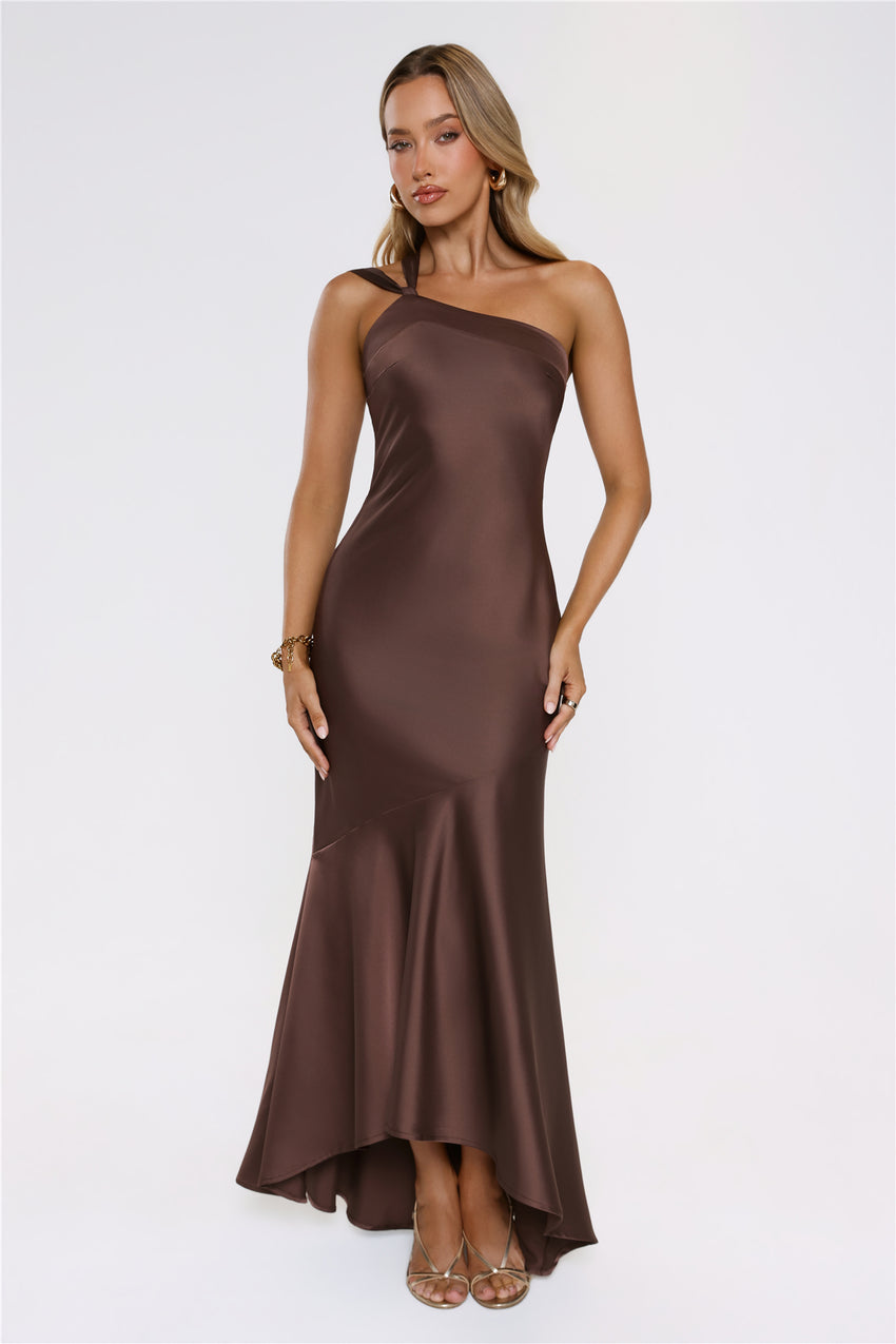 Romantic Affair Satin One Shoulder Maxi Dress Brown